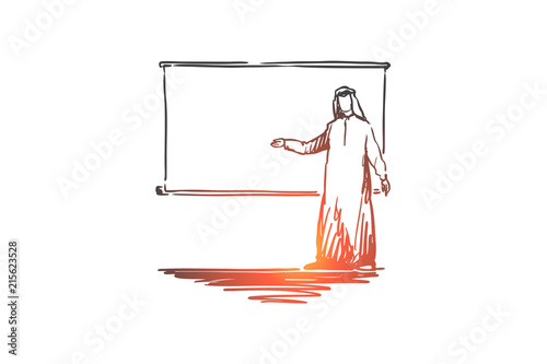 Businessman, marketing, layout, muslim, arab, islam concept. Hand drawn isolated vector