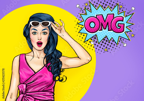 Surprised young sexy woman with open mouth in sunglasses in comic style. Amazed lady saying OMG. Pop Art girl with shocked face.  