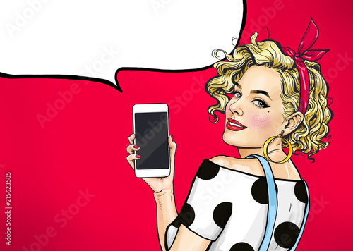 Attractive sexy girl in with phone in the hand in comic style. Woman holding smartphone. Digital advertisement female model showing the message or new app on cellphone. 