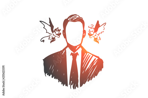 Choice, intuition, businessman, doubt, opposition concept. Hand drawn isolated vector.