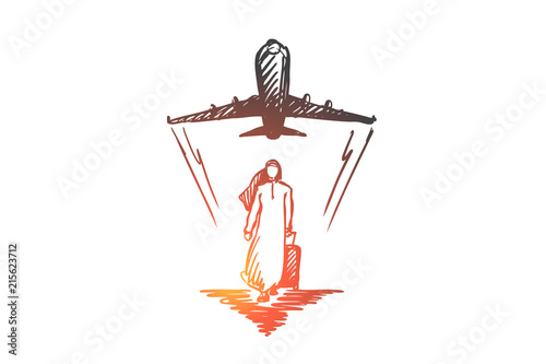 Business trip, businessman, muslim, islamic, arab concept. Hand drawn isolated vector.