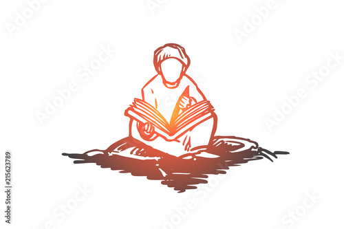 Muslim, arab, islam, religion, koran, boy, child concept. Hand drawn isolated vector.