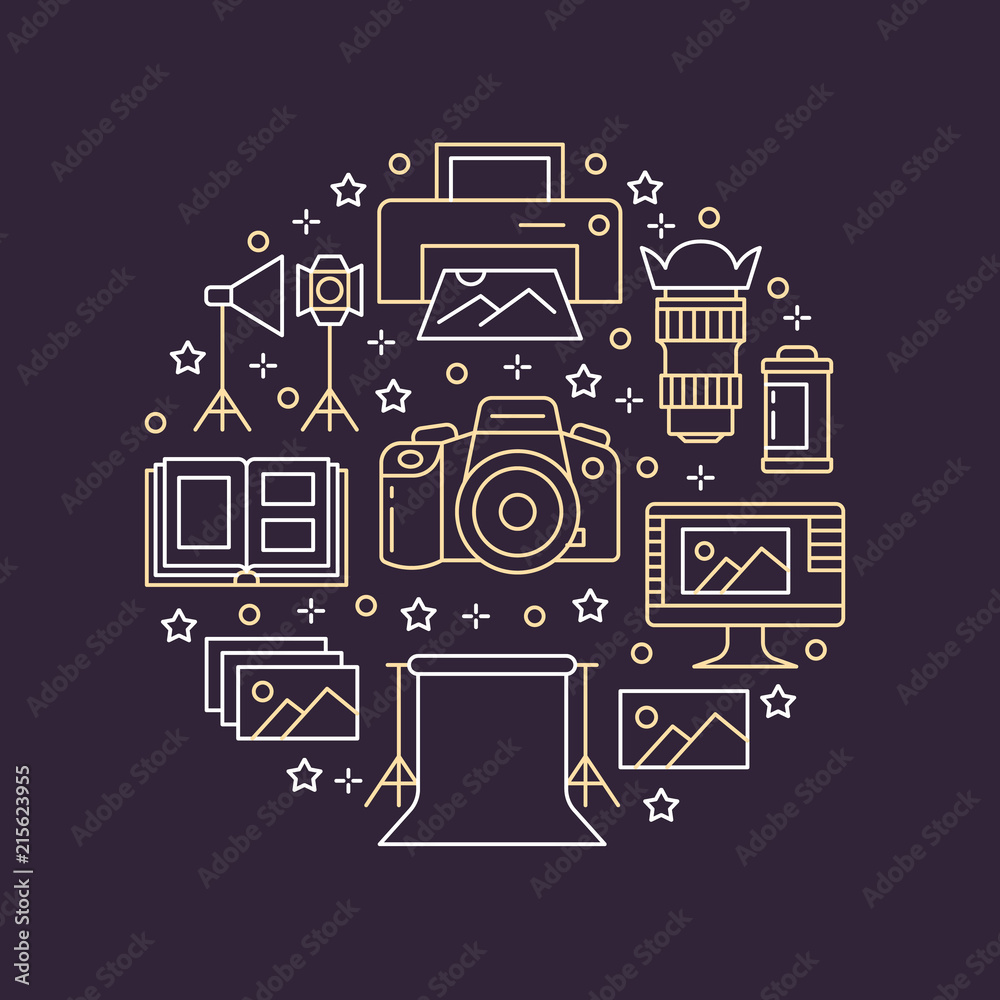 Photography equipment poster with flat line icons. Digital camera, photos, lighting, video cameras, photo accessories memory card, tripod. Vector circle illustration, concept for photostudio brochure.