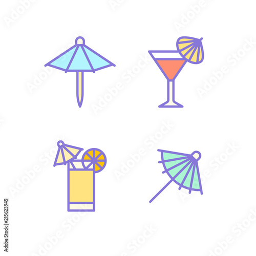 Cocktail umbrella flat line icons. Cold summer drinks illustrations, tequila sunrise, cosmopolitan alcohol beverage. Thin signs for beach bar. Pixel perfect 64x64.