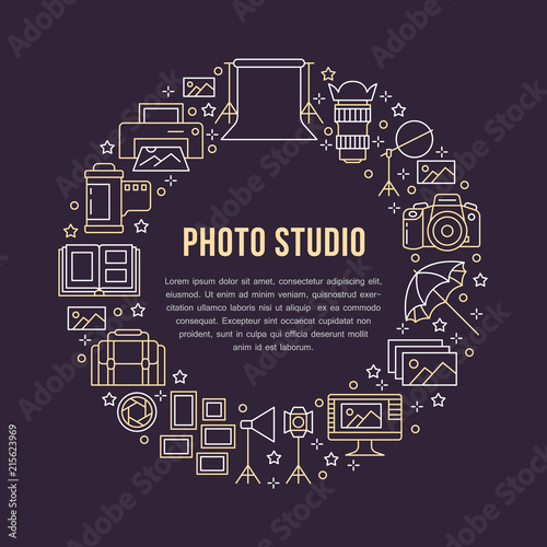 Photography equipment poster with flat line icons. Digital camera, photos, lighting video cameras, photo accessories memory card, tripod. Vector circle illustration, concept for photostudio brochure.