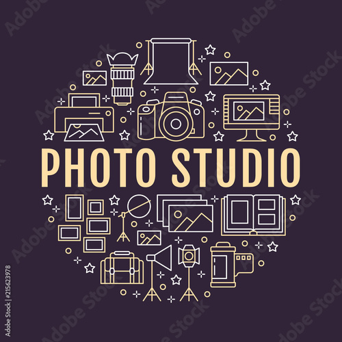 Photography equipment poster with flat line icons. Vector circle illustration, concept for photostudio brochure. Digital camera, photos, lighting video cameras, photo accessories memory card, film.