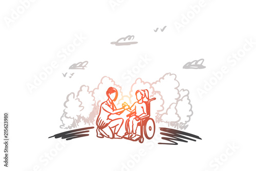 Invalid, disabled, help, medicine, hospital concept. Hand drawn isolated vector.