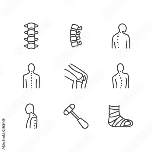 Spine, backbone line icons. Orthopedics clinic, medical rehab, back trauma, broken bone, posture correction, scoliosis. Health care thin linear hospital signs. Pixel perfect 64x64. Editable Strokes
