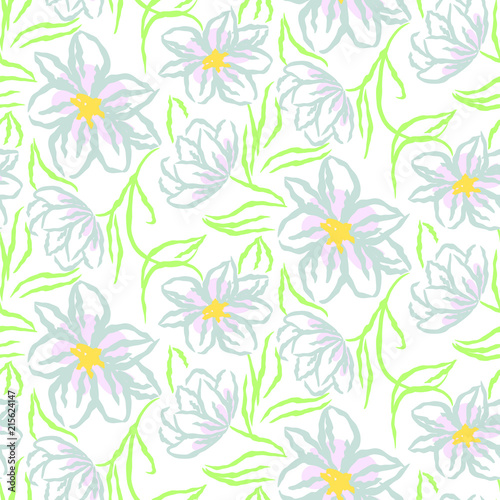 Chamomile flower hand drawn blue seamless vector pattern.