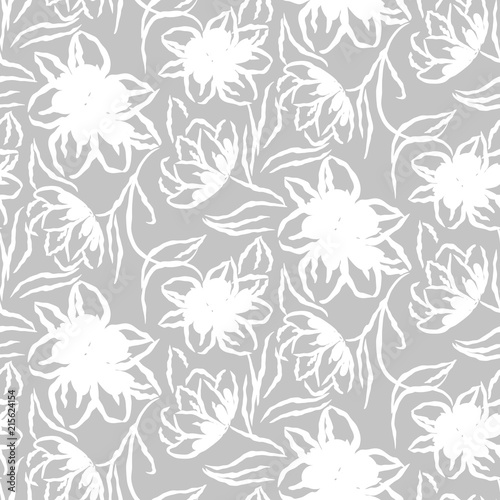 Hand drawn gray flower seamless vector pattern.