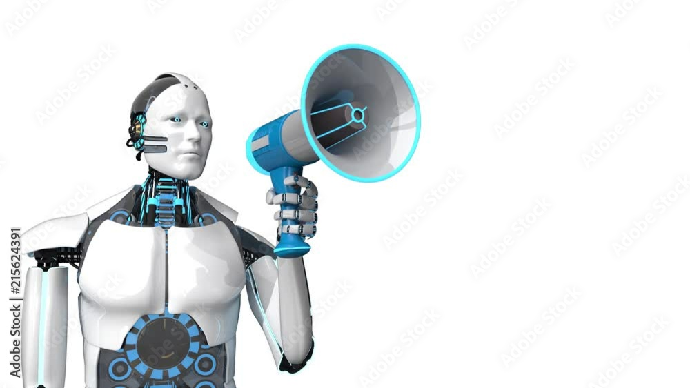 A white robot with a blue megaphone. 3d animation.