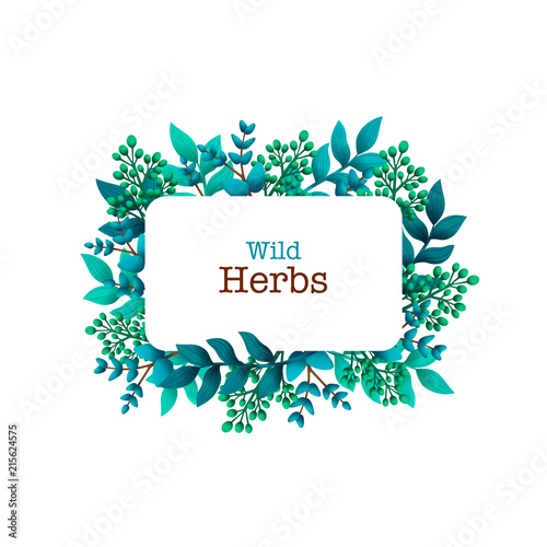 Herbal pre-made composition. Horizontal frame with leaves and branches. Summe...