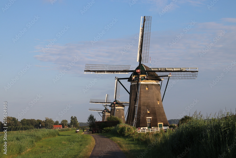 Three windmills on a row to keep the Driemanpolder dry in Stompwijk, Leidschendam the Netherlands.