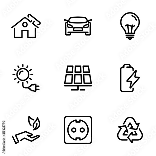 Set of black vector icons, isolated on white background, on theme Solar energy