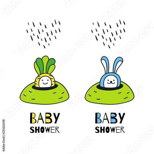 Baby shower card. Cute hand drawn characters for baby design.