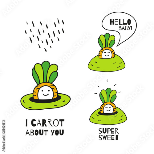 Collections with funny baby-carrots hand drawn prints.