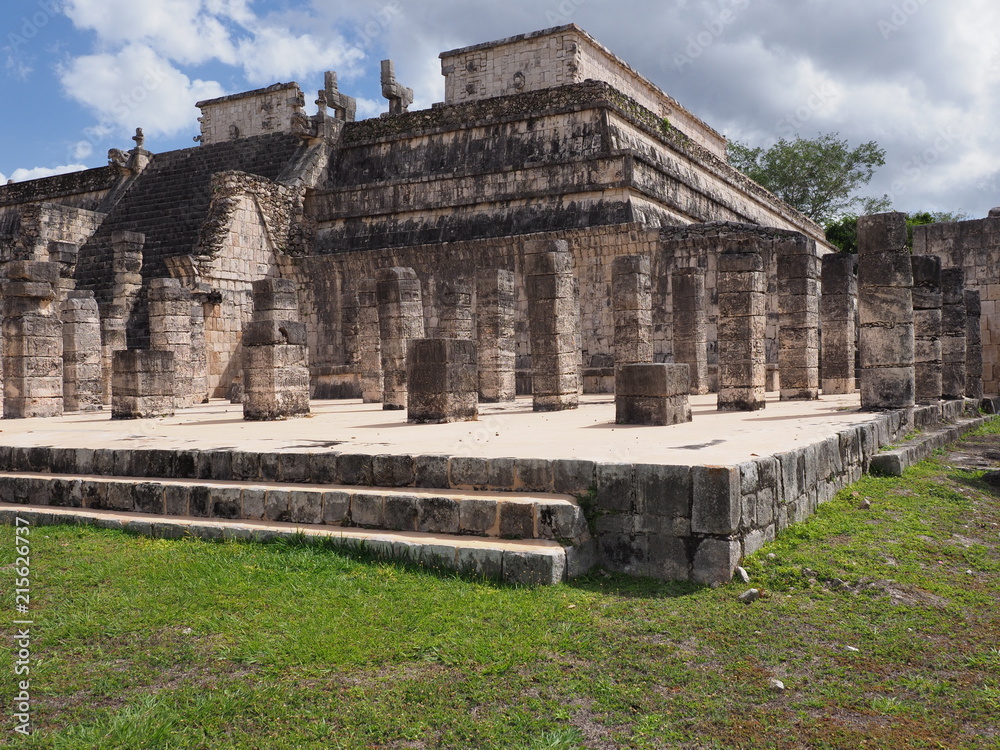 Ancient ruins of platform of Temple of Warriors building at Chichen Itza city in Mexico on February