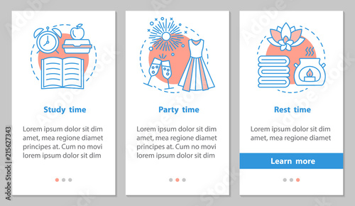 Study, party and rest time onboarding mobile app page screen wit