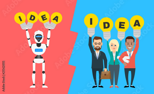 robot humanoid and business people holding light bulbs idea concept