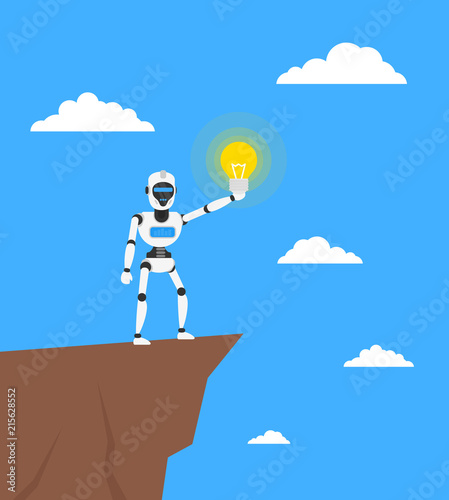 robot humanoid holding lightbulb standing on rock