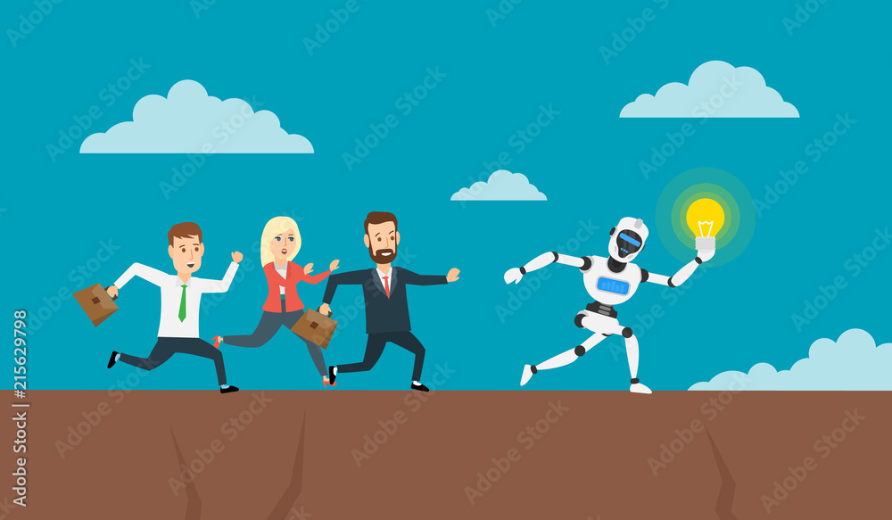 running business people chasing robot humanoid with lightbulb