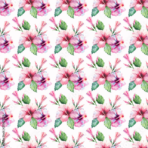 Bright green herbal tropical wonderful hawaii floral summer pattern tropic pink red violet blue flowers hibiscus watercolor hand illustration. Perfect for greetings card, textile, wallpapers