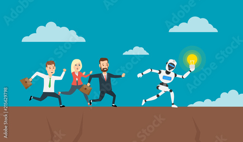 running business people chasing robot humanoid with lightbulb