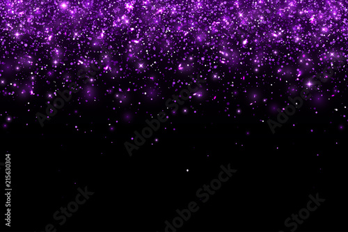 Purple falling glitter particles on black background, horizontal. Vector