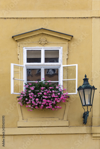 Prague. Window in the old house, decorated with flowering plants..