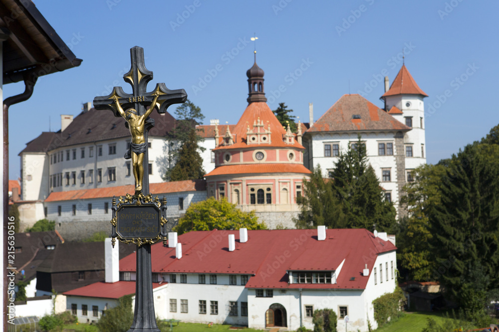 Czech- with Christ the world will be saved) on renaissance style castle, 16th century, with Roundel pavilion near the river Nezarka in Jindrichuv Hradec. Czech Republic Czech- with Christ the world will be saved) on renaissance style castle, 16th century, with Roundel pavilion near the river Nezarka in Jindrichuv Hradec. Czech Republic