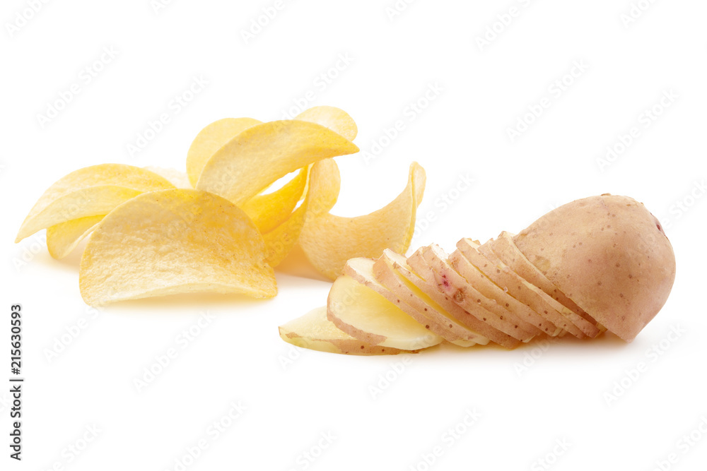 crispy chips and raw potato on white background crispy chips and raw potato on white background