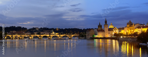 Beautiful night light  panorama cityscape of Prague  with Charles Bridge Karluv Most   over Vltava river