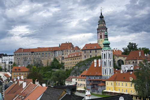 Cesky Krumlov  and sky with stormy clouds, Czech Republic