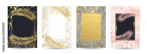 Luxury gold, black, white, grey, rosa, pink marble backgrounds, cards, invitation set with golden palm leaves and premium design. Wedding, birthday, summer, leaf pattern templates, geometric frames