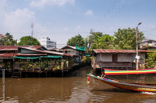 Thai old wooden houses along Bangkok Yai canal or Klong Bang Luang