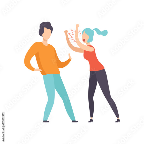 Furious woman screaming at young man, couple quarreling, family conflict, disagreement in relationship vector Illustration on a white background