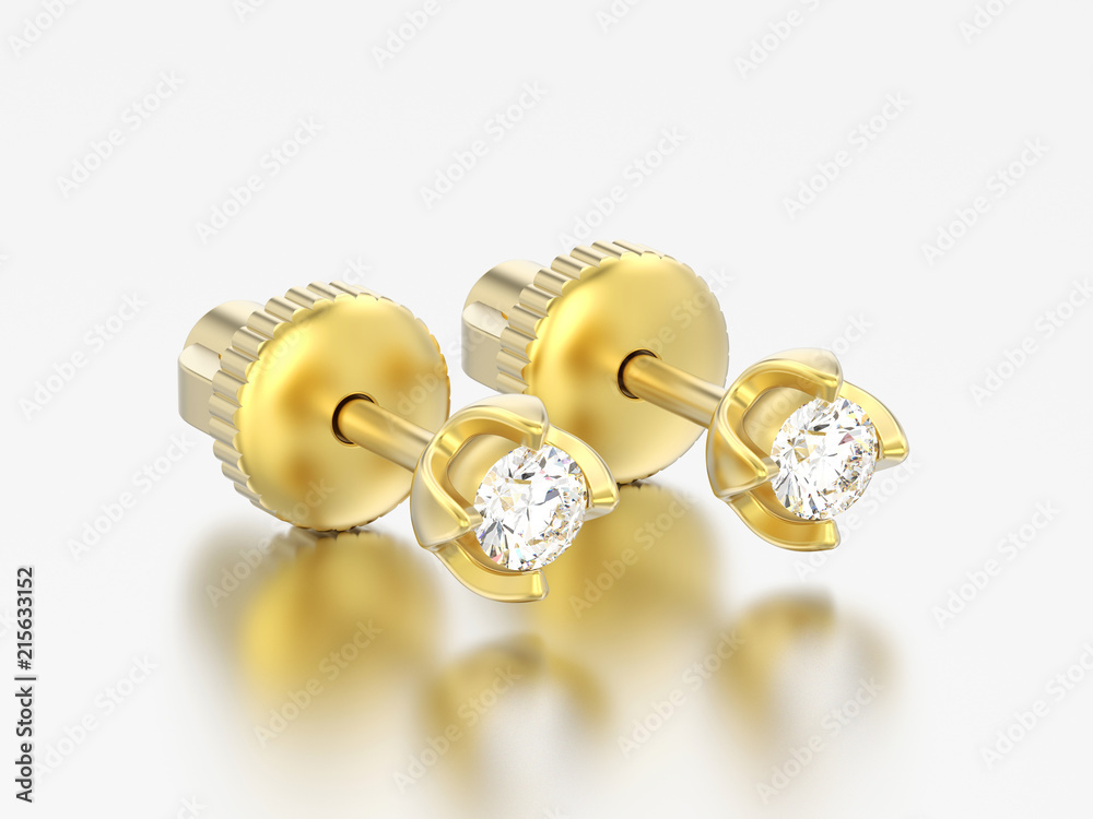 3D illustration two yellow gold diamonds screw post sterling  earrings with reflection