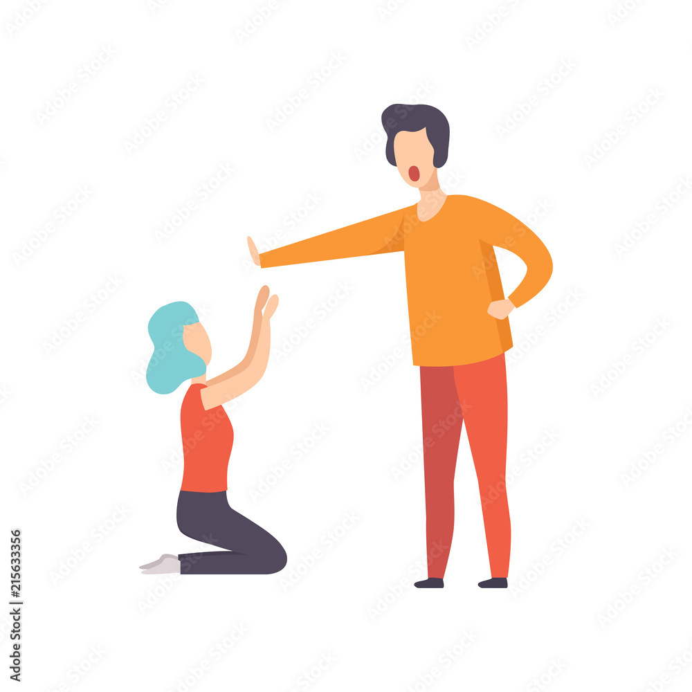 Young woman kneeling in front of angry man, couple quarreling, family conflict, disagreement in relationship vector Illustration on a white background Young woman kneeling in front of angry man, couple quarreling, family conflict, disagreement in relationship vector Illustration on a white background