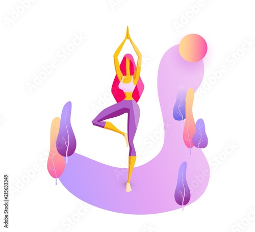 Girl is engaged in yoga, doing exercises Young strong woman Trendy flat vector