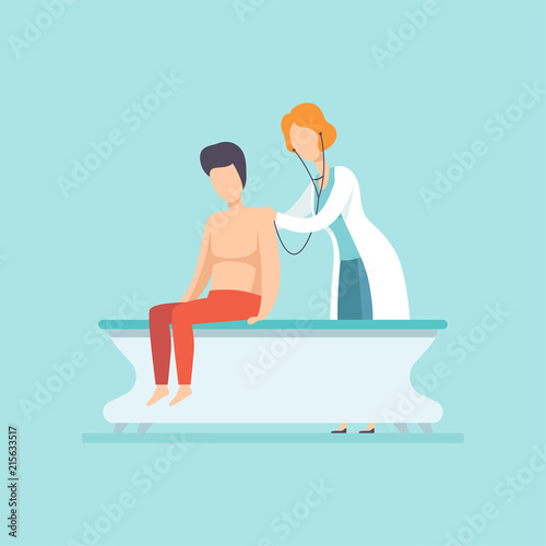 Female doctor examining male patient with stethoscope, medical treatment and healthcare concept vector Illustration