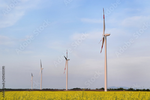 Wind farm in Alibunar, Serbia during dusk time 