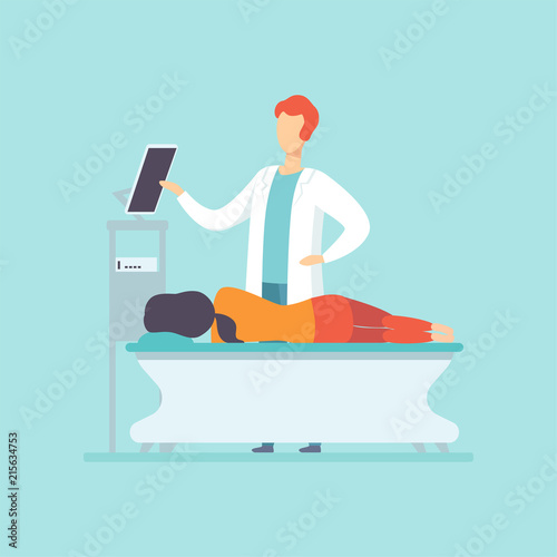 Practitioner doctor examining female patient lying on the bed, medical treatment and healthcare concept vector Illustration