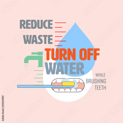 Turn off water typographic design with tap and water level icon as gimmicks. Reduce waste water concept. Vector illustration.