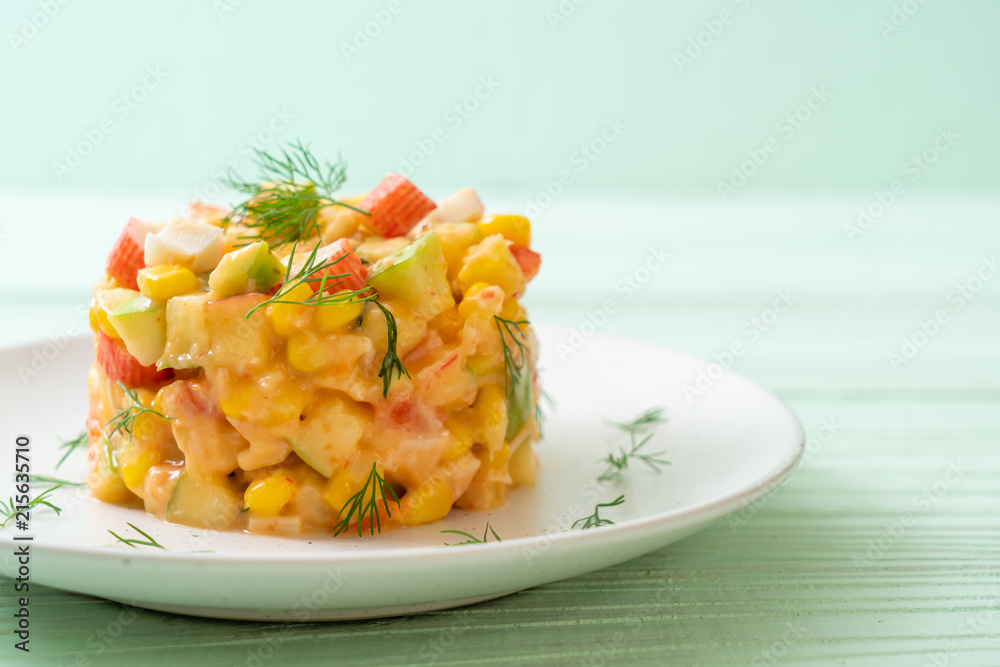 mixed fruit salad with crab stick (apple, corn, papaya, pineapple) mixed fruit salad with crab stick (apple, corn, papaya, pineapple)