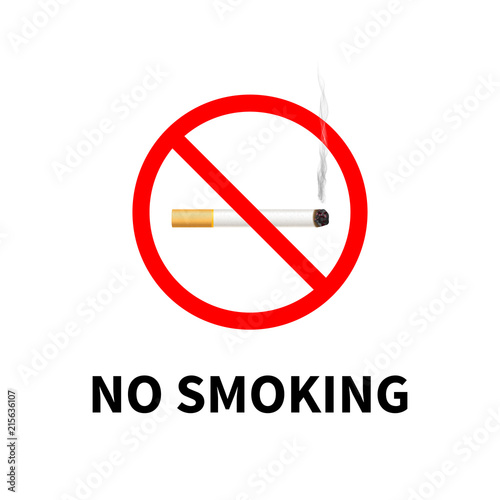 No smoking forbidden sign, cigarette with smoke on white.