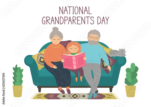 National Grandparents Day. Happy grandparents reading book with granddaughter. Heartwarming grand-parenting concept. Original vector illustration.