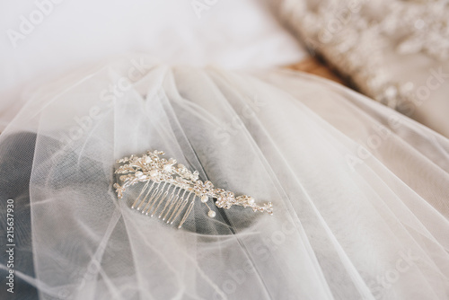 Bridal hair accessoiry on a wedding veil photo