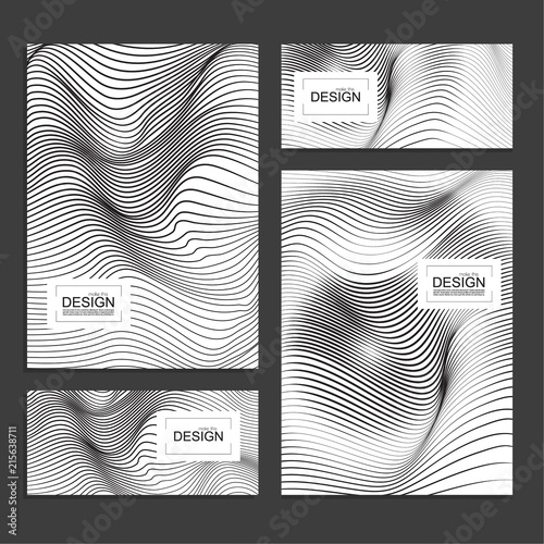 Set of book covers and banners design template with distorted wave monochrome texture. Vector stripe deformation background.