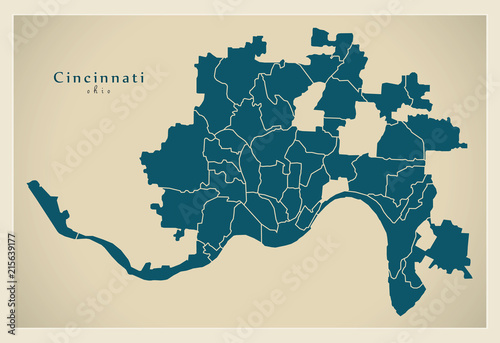 Modern City Map - Cincinnati Ohio city of the USA with neighborhoods