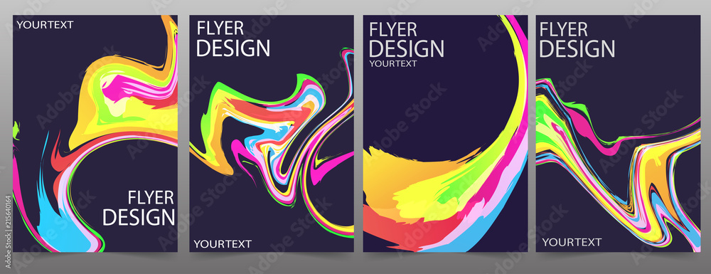 Obraz Set of 4 flyer template or corporate banner design with colorful waves on a dark background. Can be use for publishing, print and presentation. Vector. Eps 10
